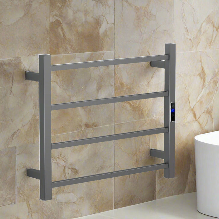 Gray towel rack with digital display on a white background