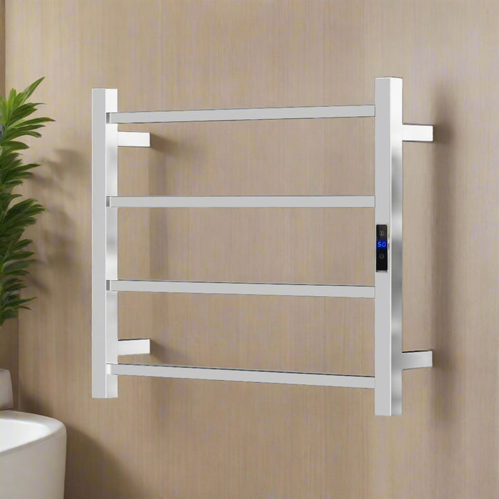 Metal towel rack with digital display on a white background
