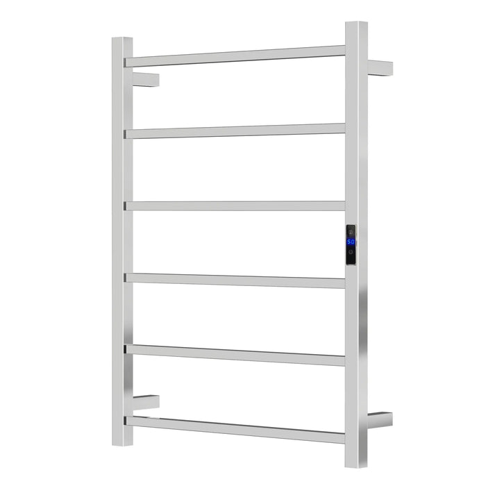 Silver Electric Heated Towel Rail 6 Bar 600mm Timer & Temp Control