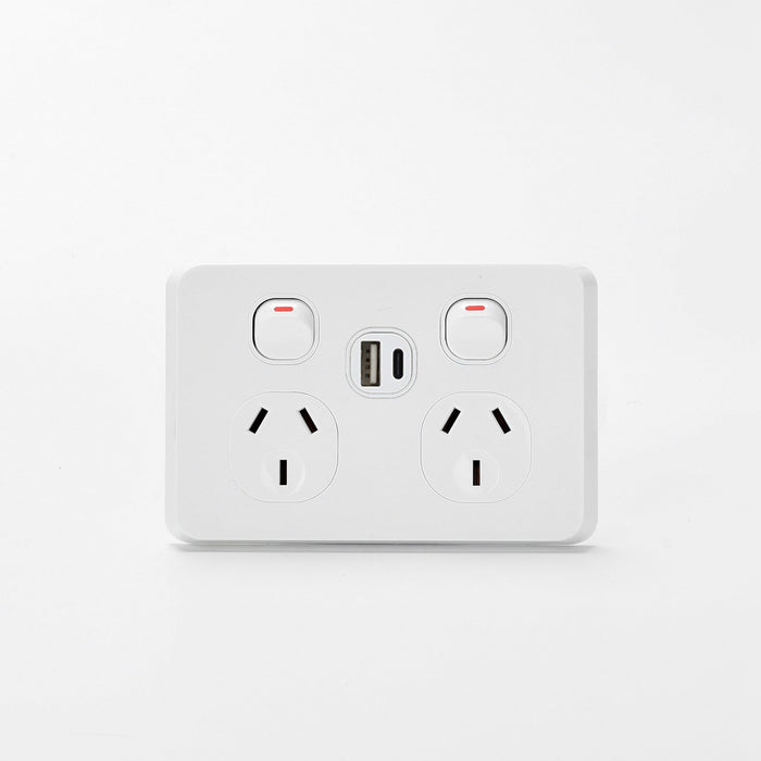 iLuxlite Double Power Point with USB\C 3.1 - 10A - Horizontal - White