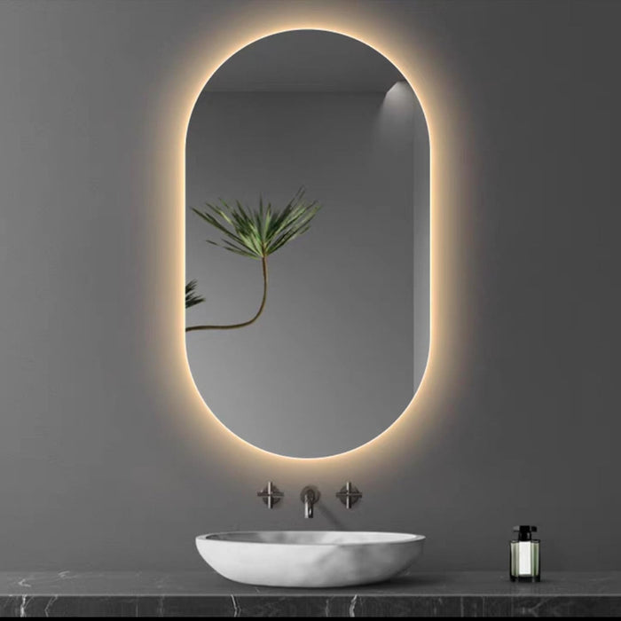 Sleek Frameless LED Bathroom Mirror – Wax Gourd Shape, 3 Light Colors & Adjustable Brightness