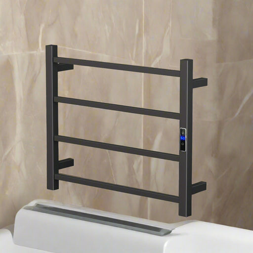 Black towel rack with digital display on a white background