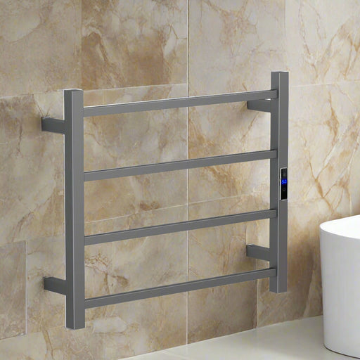 Gray towel rack with digital display on a white background
