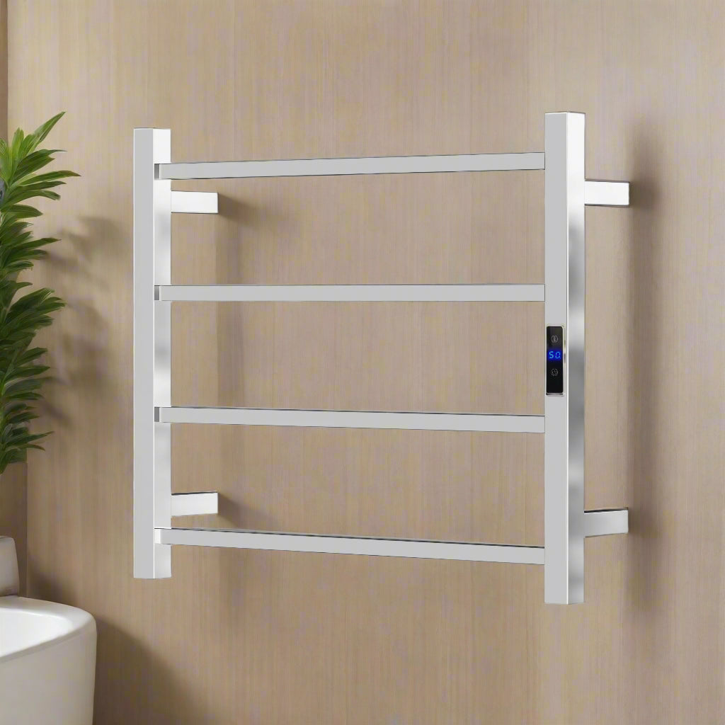 Metal towel rack with digital display on a white background