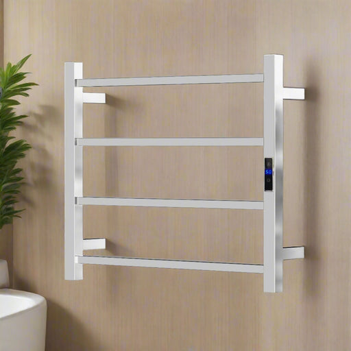 Metal towel rack with digital display on a white background