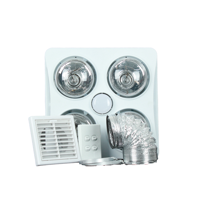 HLF-4-1-WH Heat light fan unit 4-1 white ⊘100mm ;Cut out size 290mmx290mm;Fan  power 30w ;Air Flow 220㎥/h ; Light Power 6W 5700K Led;Heater Power 1100W